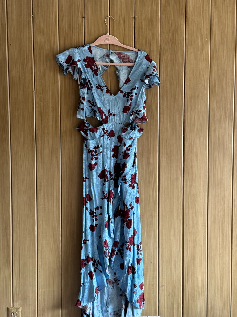 Nwt Asos Light Blue Floral Backless Maxi Dress With Burgundy Print